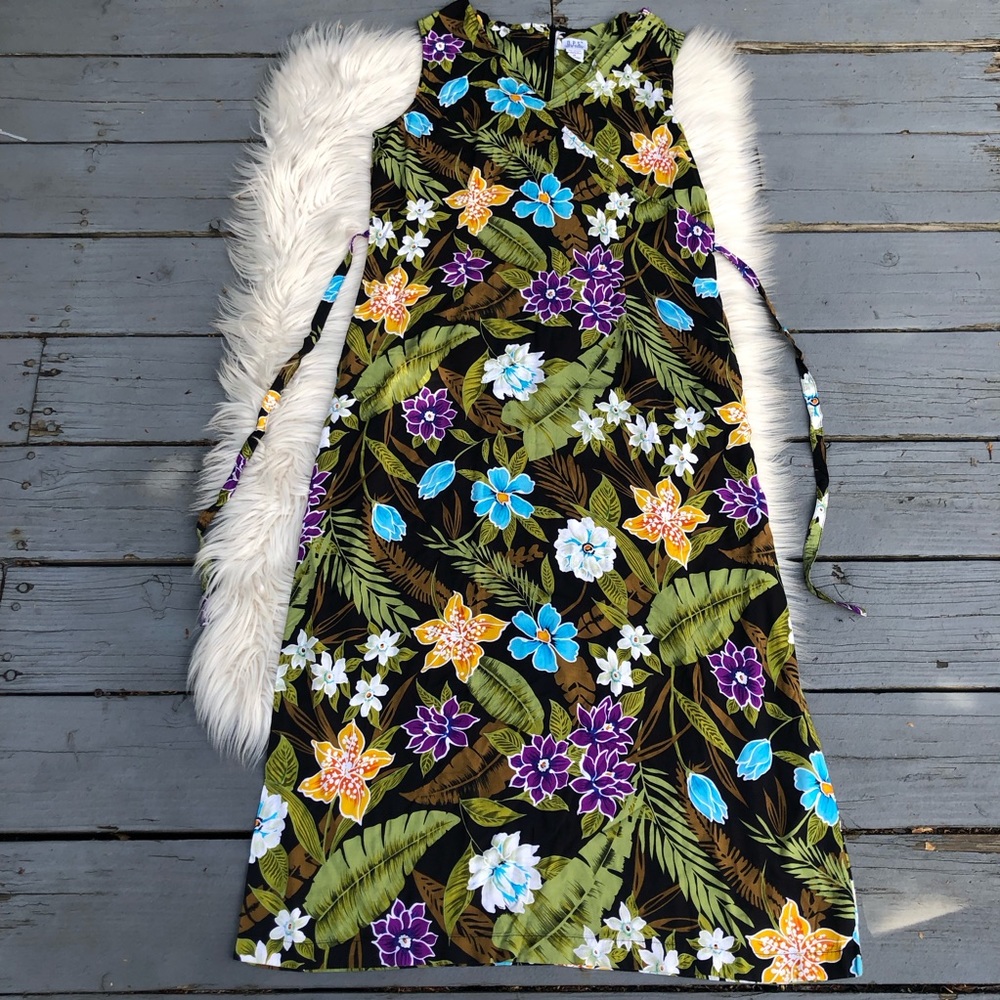 Hawaiian Tropical Forest Floral Print Multicolor Vacation Midi Dress size M